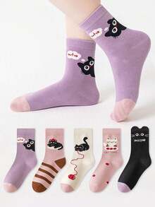 5 Pairs Kids Cute Cartoon Cat Pattern Patchwork Mid-Calf Socks, Suitable For Daily Life All Season