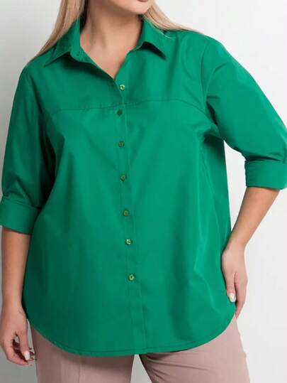 Elegant Plus Size Green Woven Fabric Shirt, Long Sleeve Design With Button Details, Suitable For Daily Wear