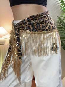 Sexy Leopard Print Sequined Hip Scarf Waist Chain | Jazz Dance Hip-Hop Tassel Hip Curtain Waistband | Adjustable Belt Accessories - Multicolor - View 4