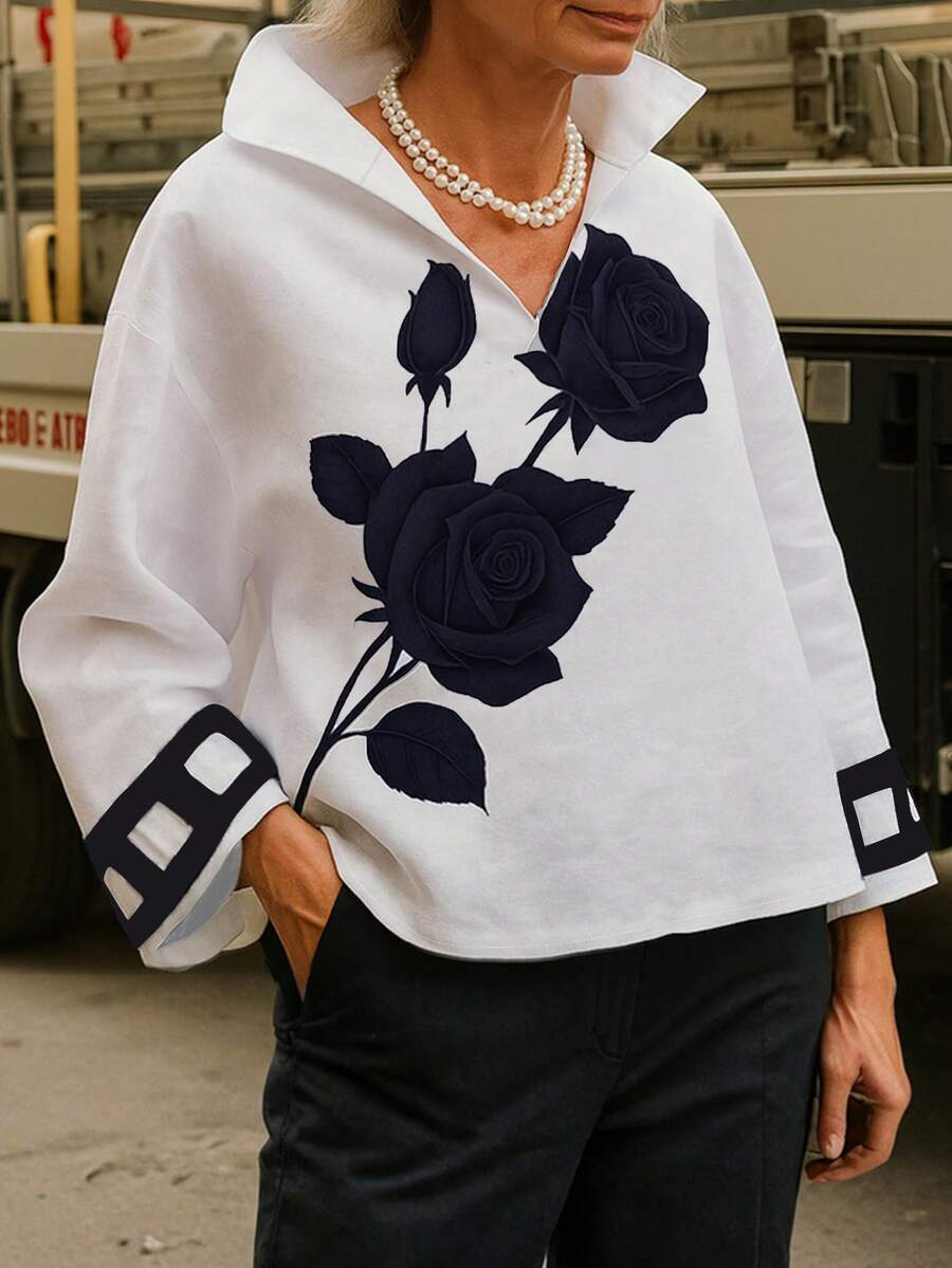 女士时尚玫瑰花印花立领七分袖宽松休闲衬衫，适合办公室/度假穿着 - 白色 - 查看 1
