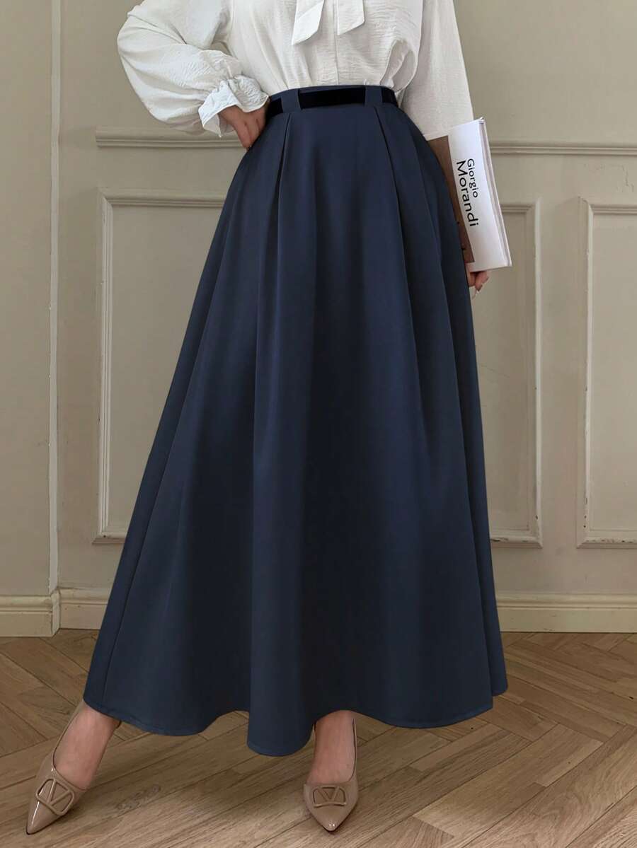 abyoxi Women's Solid Color Elegant High-Waisted Pleated A Line Midi Skirt Fall Winter Fashion Simple Casual Daily Commute Office Half Skirt - Navy Blue - View 1