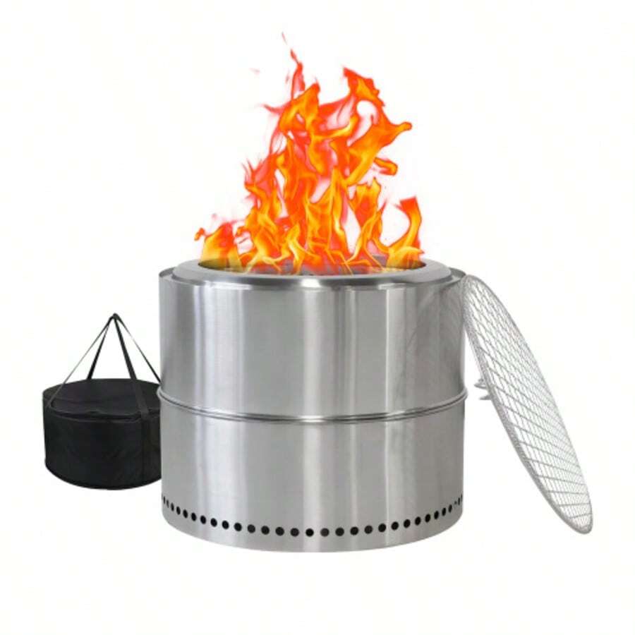 Feuerstelle, Holzfeuerstelle, Grillfeuerstelle, Edelstahl, Tragbarer Außenkamin Mit Aschenbecher(Fire Pit, Wood Fire Pit, BBQ Fire Pit, Stainless Steel, Portable Outdoor Fireplace With Ashtray) - Silver - View 1