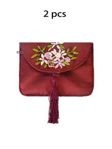 XD 1pc Mini Women's Embroidered Wallet, Vintage Zipper Clutch Purse, Large Capacity Floral Embroidery Colorful, Size (11x5cm) Portable Jewelry Storage Bag, Hibiscus Vintage Embroidered Satin With Tassel - Washable Nylon Fashion Accessory Women Wallet Mini Coin Purse - Multicolor - View 21