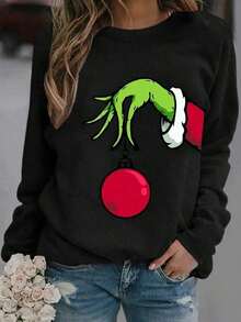 Women's Round Neck Christmas Print Long Sleeve T-Shirt, Christmas Funny Graphic Print Casual Crew Neck Long Sleeve T-Shirt