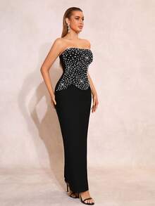 Sexy Women's Heavy Industrial Pearl & Rhinestone Decor Strapless Sleeveless Slit Bodycon Dress, Suitable For Wedding Guests And Party Wear - Black - View 8