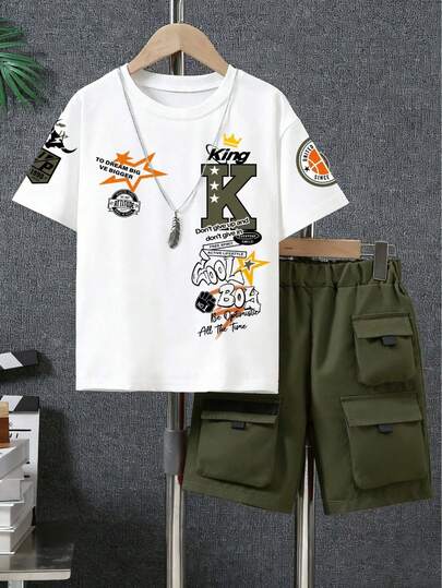 Young Boy Cartoon Print Short Sleeve Top And Shorts Set