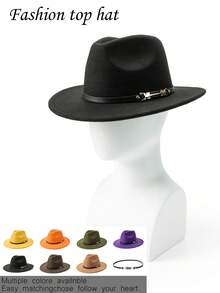 1pc Unisex Autumn/Winter Wide Brim Wool Felt Hat, Elegant Leather Belt Decor Personalized Casual Fashion Cowboy Hat, Suitable For Party, Gathering, Western Themed Events, Daily Wear - MZ1148 - View 12