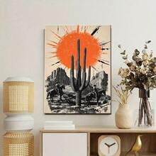 Póster de lona con marco de madera de 1 unidad-arte Vintage de la puesta del sol del desierto con vaqueros, cactus y siluetas-Decoración de pared Retro en blanco y negro para sala de estar, oficina o Hogar, decoración del hogar occidental - Multicolor - Ver 4