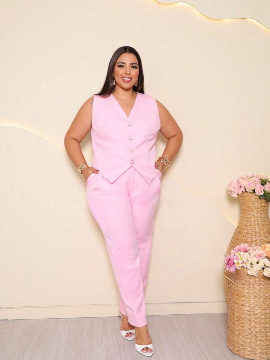 Women's Plus Size Tailored Pants And Vest Set - Elegant - Baby Pink - View 1