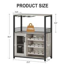 Gabinete de 3 Niveles con Luces LED, Estante de Vino Desmontable y Espacio de Almacenamiento, Barra Buffet con Soporte de Vidrio y Puerta de Malla, gabinete de Licor para Sala de Estar - Gris - Ver 2