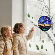 2D Flat, Blue Sky Gold Stars Abstract Landscape Suncatcher Indoor/Outdoor Glass Window Hanging - Handmade Stained Glass Suncatchers For Windows Hanging - Decoration For Home Garden Christmas Party Wedding Housewarming Gifts - 彩色 - 查看 3