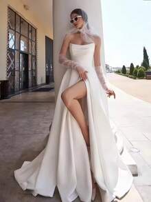 Elegant Sexy Strapless High Slit Pleat A Line Satin Formal Wedding Dress,Registry Office Dresses Bridal Gown,Evening Party Dress Birthday Party Dress Country Wedding,Romantic Church Ceremony Wedding Dress,Suitable For Wedding,Dating,Party,Singles' Party,Vacation,Formal Occasions,Dinner Dress,Prom Dress,Homecoming Dess,Cocktail Party,Wedding Guest Dress,Graduation - 白色 - 查看 1