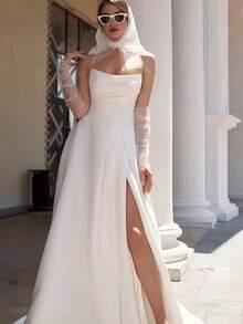 Elegant Sexy Strapless High Slit Pleat A Line Satin Formal Wedding Dress,Registry Office Dresses Bridal Gown,Evening Party Dress Birthday Party Dress Country Wedding,Romantic Church Ceremony Wedding Dress,Suitable For Wedding,Dating,Party,Singles' Party,Vacation,Formal Occasions,Dinner Dress,Prom Dress,Homecoming Dess,Cocktail Party,Wedding Guest Dress,Graduation - 白色 - 查看 2