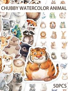 50pcs Watercolor Animal Stickers New Cartoon Cute Doodle Animals Decorative DIY Stickers For Notebooks, Water Bottles, And Envelopes Waterproof Stickers - Multicolor - View 1
