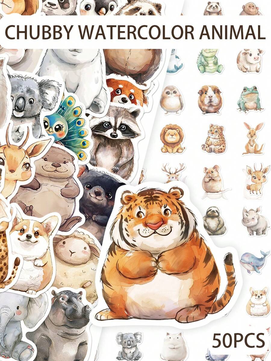 50pcs Watercolor Animal Stickers New Cartoon Cute Doodle Animals Decorative DIY Stickers For Notebooks, Water Bottles, And Envelopes Waterproof Stickers - Multicolor - View 1