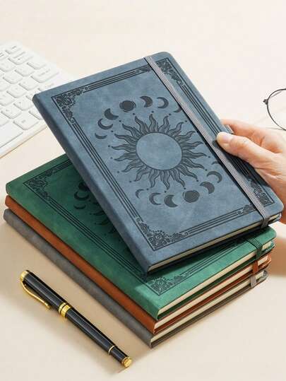 男女通用经典线条硬面笔记本，复古日月图案，A5尺寸（5.9英寸 x 8.5英寸），复古装订记事本/日记本/计划本/备忘录