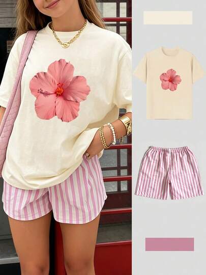 2pcs Tween Girls Floral Print Short Sleeve T-Shirt And Striped Shorts Set, Summer Outfit, Young Student Fashion/Y2K/Streetwear Style With Artistic Vibe