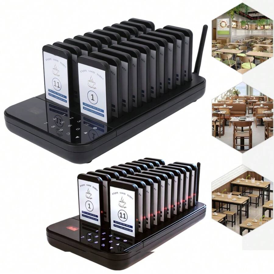 Sistema De Buscapersonas Inalámbrico Sistema De Llamadas, 20 Canales Restaurante Pagers de Llamadas inalámbricas Buscapersonas de conexión para Restaurante Clínica Bar Iglesia Comedor de Comida - Negro - Ver 1