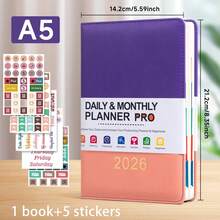 2026 年新日历日志自律签到时间管理一页一天 365 天计划书附带 5 个计划贴纸 A5 计划笔记本学习入门礼物适合工作和学习、学校用品、返校