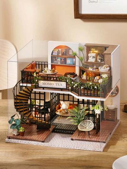Casa da tè con copertura antipolvere, kit di costruzione di modelli con mobili, set di giocattoli di miniature per casa delle bambole, decorazione per camera da letto, artigianato in legno, puzzle 3D fai-da-te, regalo di San Valentino e compleanno