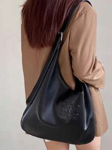 Bolso de hombro de lujo de alta gama con gran capacidad para compras y desplazamientos, con diseño de letras - Negro - Ver 2