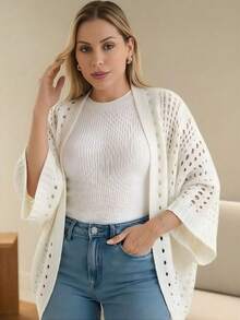 Set Of 2 Women's Cardigan Blouses, Knitted Cape, Openwork Knit, Autumn - 瑪薩拉酒紅/米色 - 查看 5