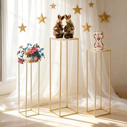 3pcs Cylindrical Pedestal Stand, Square Gold Metal Plant Cylindrical Stand For Party Flowers, Display Pedestal Stand, Cylindrical Table, Vase Birthday Party Decor