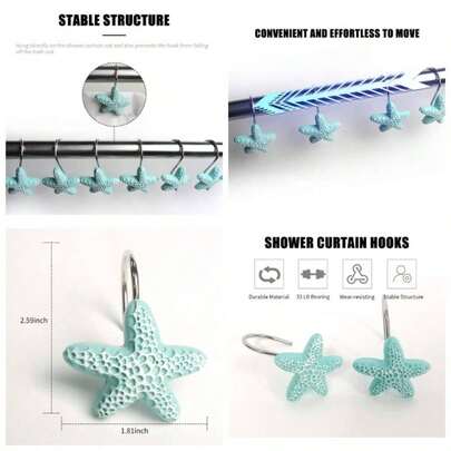 Shower Curtain Hooks, 12Pcs Starfish Anti Rust Decorative Resin Shower Curtain Rings Hooks Bathroom Bedroom Living Room Decor Shower Rods Curtains Window Hangings Holder