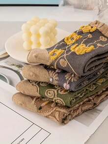 5 Pairs Versatile Vintage 3D Floral Mid-Calf Socks, Autumn/Winter - Multicolor - View 3