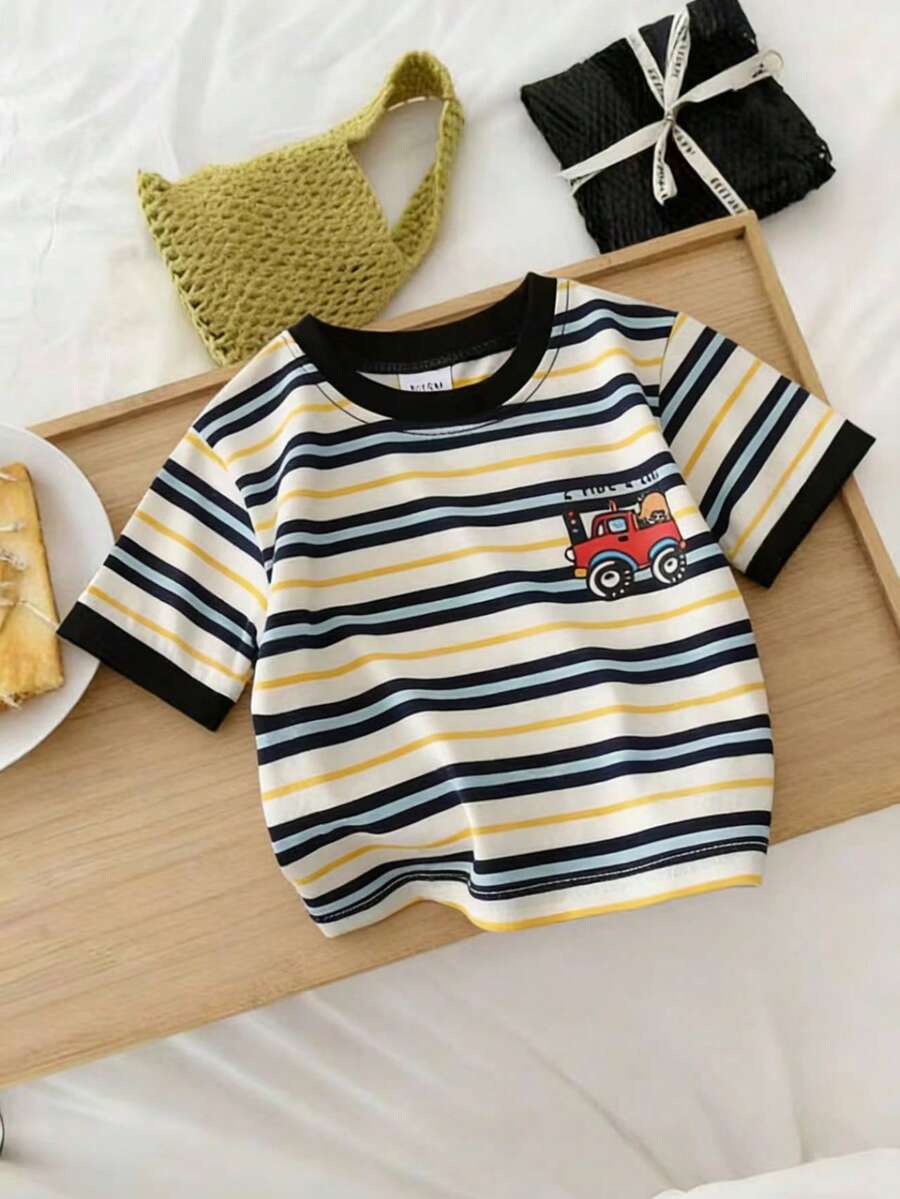 Infant/Toddler Striped Short Sleeve Cotton Casual Top, Spring/Summer - Blue and White - View 1
