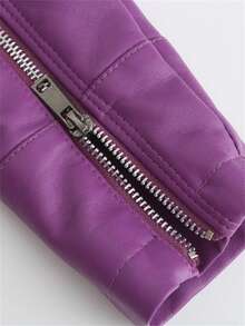 Áo khoác da giả ngắn cho nữ, Xuân Thu, Cổ áo, Áo khoác da PU nhẹ - Màu tím - Xem 11