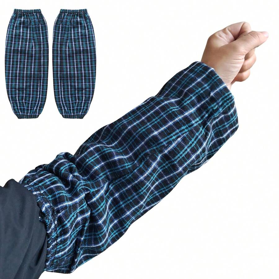 1 Pair Blue Cotton Blend Work Sleeve Covers, Unisex Blue Plaid Home Sleeve Covers, Kitchen Cleaning Protective Sleeve Covers, Dust-Proof Oil-Proof Cleaning Sleeve Covers, Protective Sleeve Covers For Kitchen Washing, Gardening, Painting, Cooking To Prevent Stains