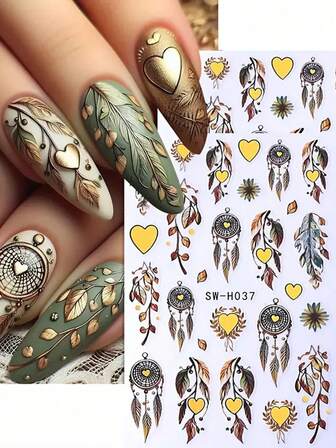 Valentine's Day Nail Stickers Golden Dream Feather Heart-Shaped Nail Patches, Nail Patches, Heart-Shaped Dreamcatcher Gilded Feather Crown Totem Nail Patches, Dreamcatcher Bohemian Style 5D Nail Patches