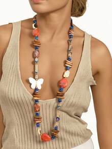 Bohemian Style Red & Blue Contrast Butterfly Long Necklace, Vintage Handmade Wooden Bead Necklace, Fashion Personalized Pendant Chain