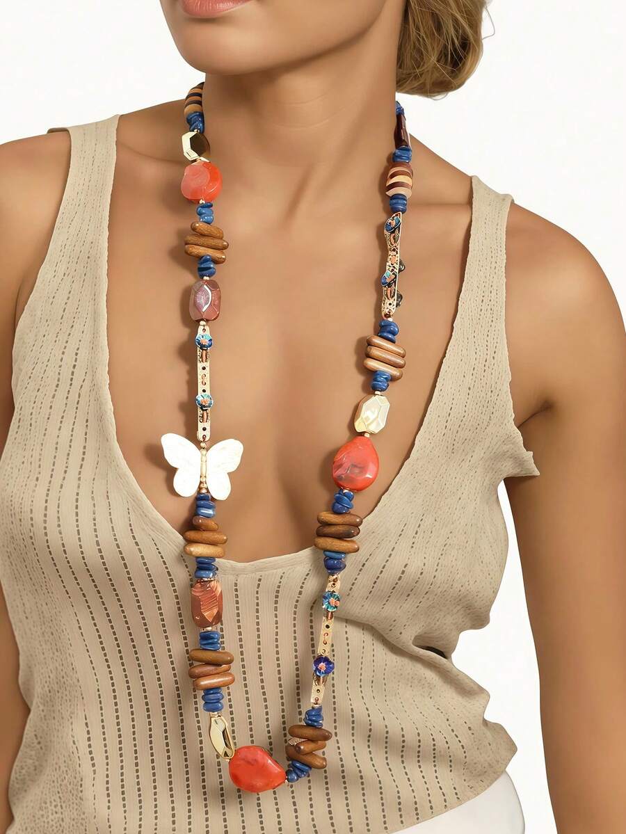 Bohemian Style Red & Blue Contrast Butterfly Long Necklace, Vintage Handmade Wooden Bead Necklace, Fashion Personalized Pendant Chain