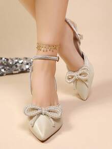 Women's Rhinestone Bow Tie Wedding Heels - Beige - View 6