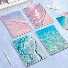 Caiet spiralat ondulat frumos, 120 de pagini A5/B5 - (Compact și portabil) Design pastelat albastru moale cu ocean, temă plajă cu păr frumos - Potrivit pentru școală, birou, studenți, profesori, pentru întoarcerea la școală, cadou ideal pentru prieteni - Legare durabilă și hârtie de înaltă calitate