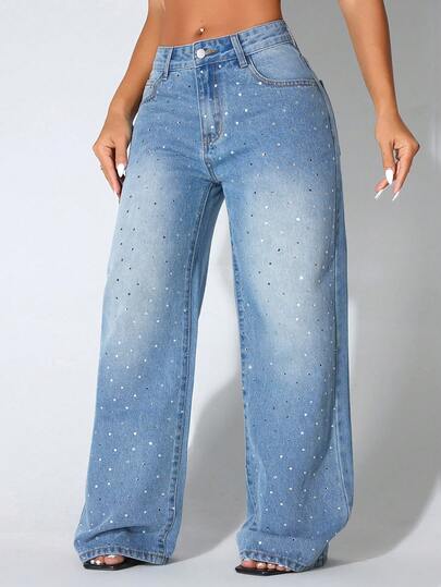 Jeans casuales de tiro bajo y pierna ancha de color azul con bolsillos en sesgo y decoración de bordado con rhinestones para mujeres