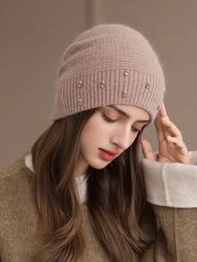 1 Stück Damen Warme Doppelschicht Gestrickte Mütze, Modischer Perlen Stirnband Ohrenschützer Beanie, Dicke Gestrickte Mütze für Mütter im Winter