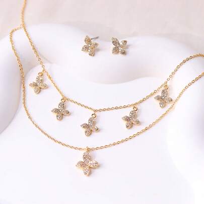 2pcs Minimalist Double-Layer Leaf Shaped Jewelry Set, Suitable For Daily Wear And Gatherings