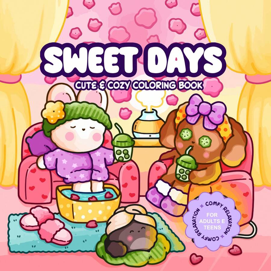 40页 205克 甜蜜时刻可爱温馨涂色书：温馨的自我关爱场景（兔子泡脚、小狗珍珠奶茶约会、舒适的休息室背景）——适合成人和青少年的放松涂色页，婚礼季、母亲节的完美礼物