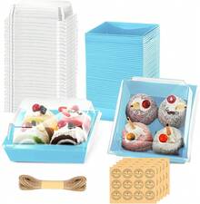 EstiloPaquete de 50 cajas de panadería con tapas transparentes, Cajas peque?as de postres para llevar, Mini cajas de pastel de papel de 4 pulgadas, cajas de golosinas transparentes (Azul(13.5X12.5X6.5))Versión mejorada - Azul (13,5 x 12,5 x 6,5) - Ver 1