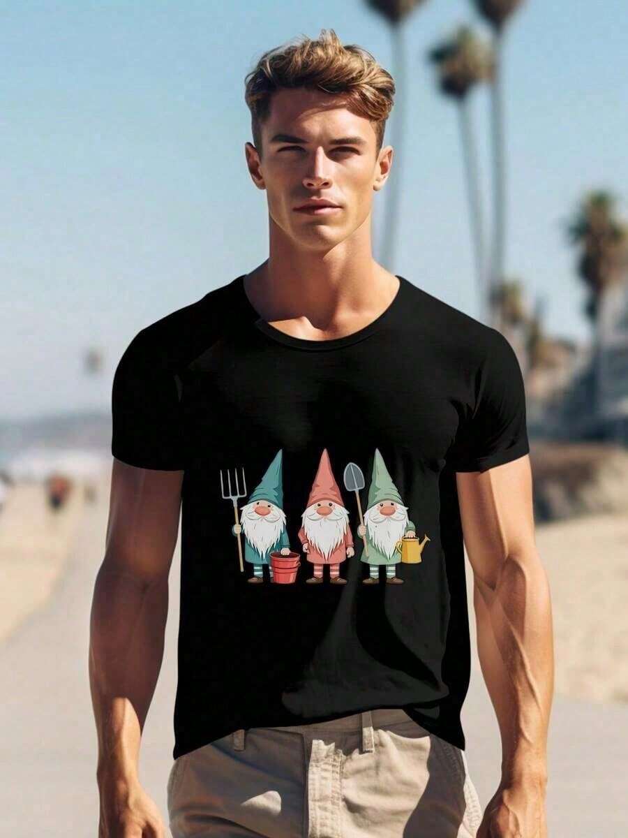 Gnome Garden Team T-Shirt - 220g Cotton T-Shirt For Gardening Lovers - Funny Gnomes With Tools, Graphic Print - Soft And Durable Unisex T-Shirt - Gardeners 0001summer - 白色 - 查看 1