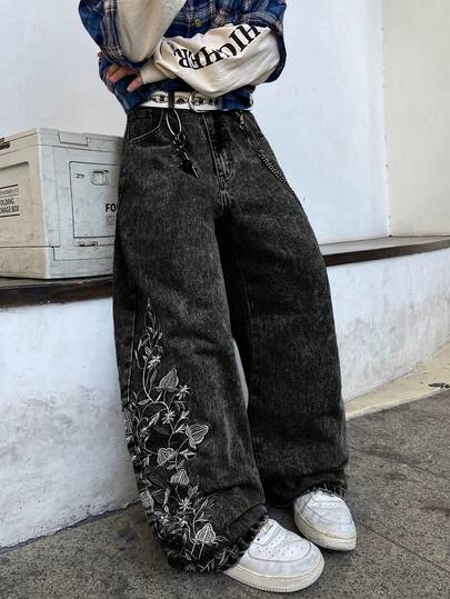 1pc Men's Fashion Street Style Embroidered Wide-Leg Jeans, Loose & Comfortable, Versatile For All Seasons (No Belt Or Accessories)