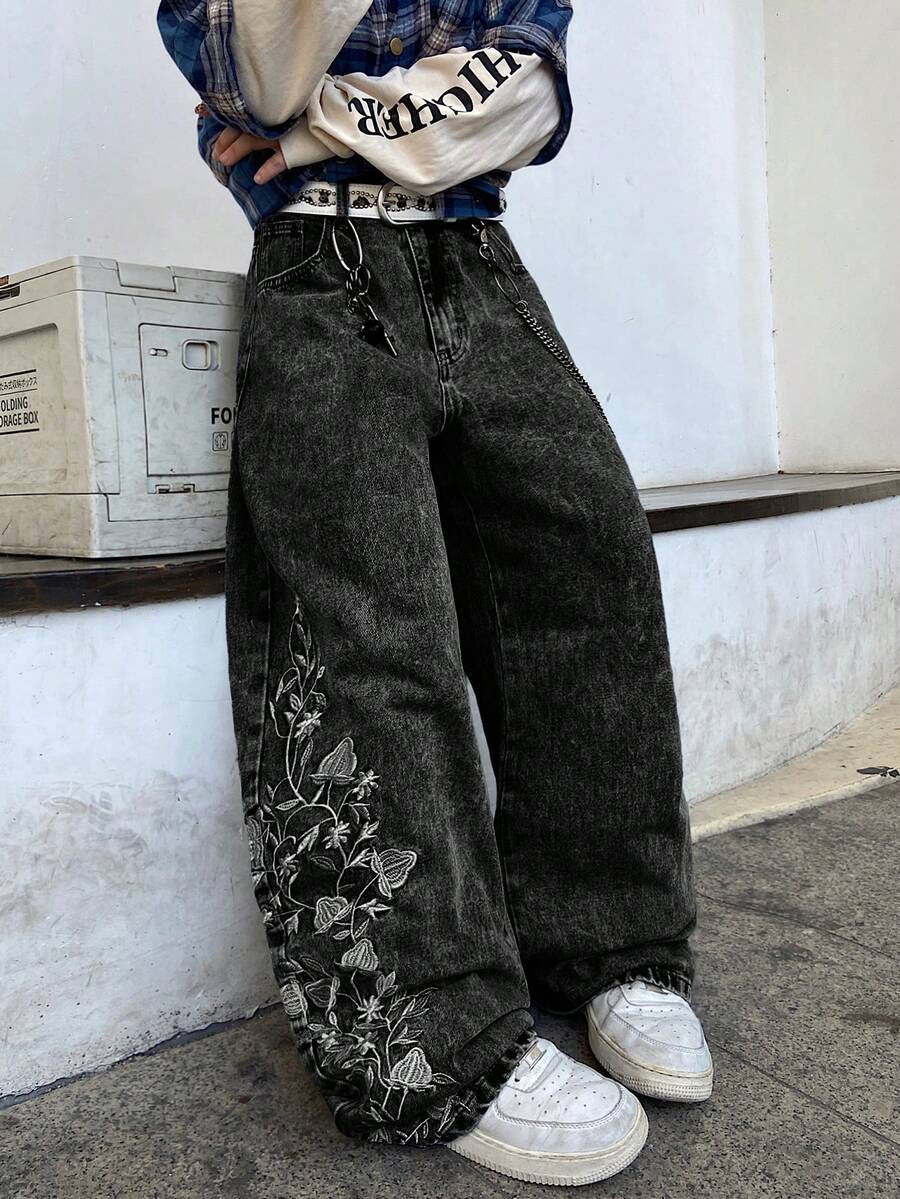 1件男士时尚街头风刺绣阔腿牛仔裤，宽松舒适，四季皆宜（不含腰带或配饰） - 灰色 - 查看 1