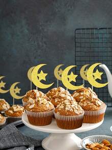 10/20/30个金色新月星形纸杯蛋糕装饰插牌 - 开斋节装饰 - 金色闪光开斋节派对蛋糕装饰