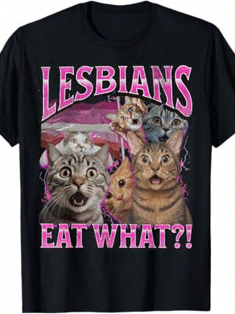 Lesbians Eat What Funny Cat Gay Pride LGBTQ Pun Bootleg T-Shirt Unisex Funny Weird Meme T-Shirt - 黑色 - 查看 1