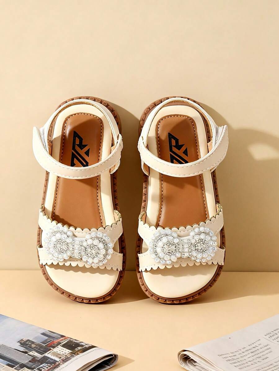 Kids 2026 Spring Summer Rhinestone Deocr Adjustable Strap Flat Sweet Sandals - Beige - View 1