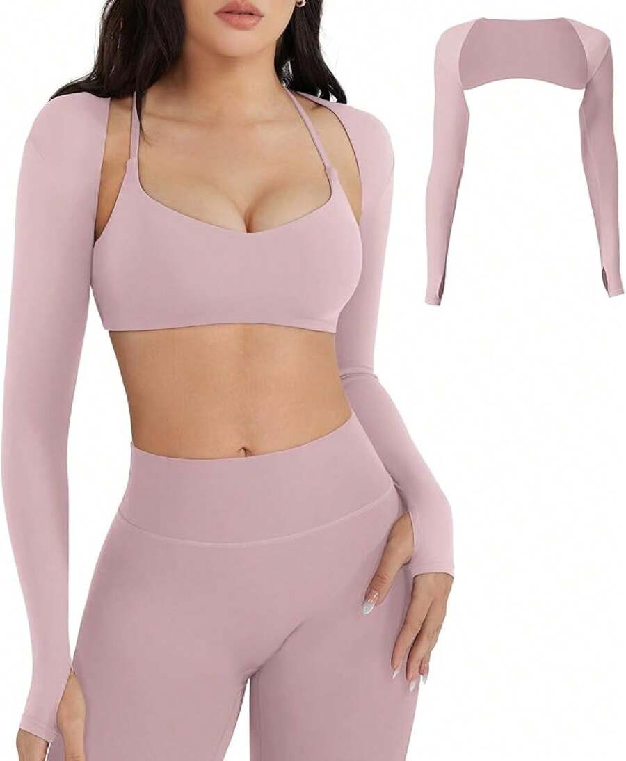 Women Crop Top Long Sleeve Bolero Open Front Workout Cropped Shirts Sports Shrug - 淺灰紫 - 查看 1