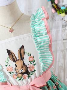 Vestido con estampado de conejito de pascua, diseño de lazo y volantes en el bajo, adecuado para fotografía, festivales y eventos temáticos, para niñas - verde menta - Ver 4